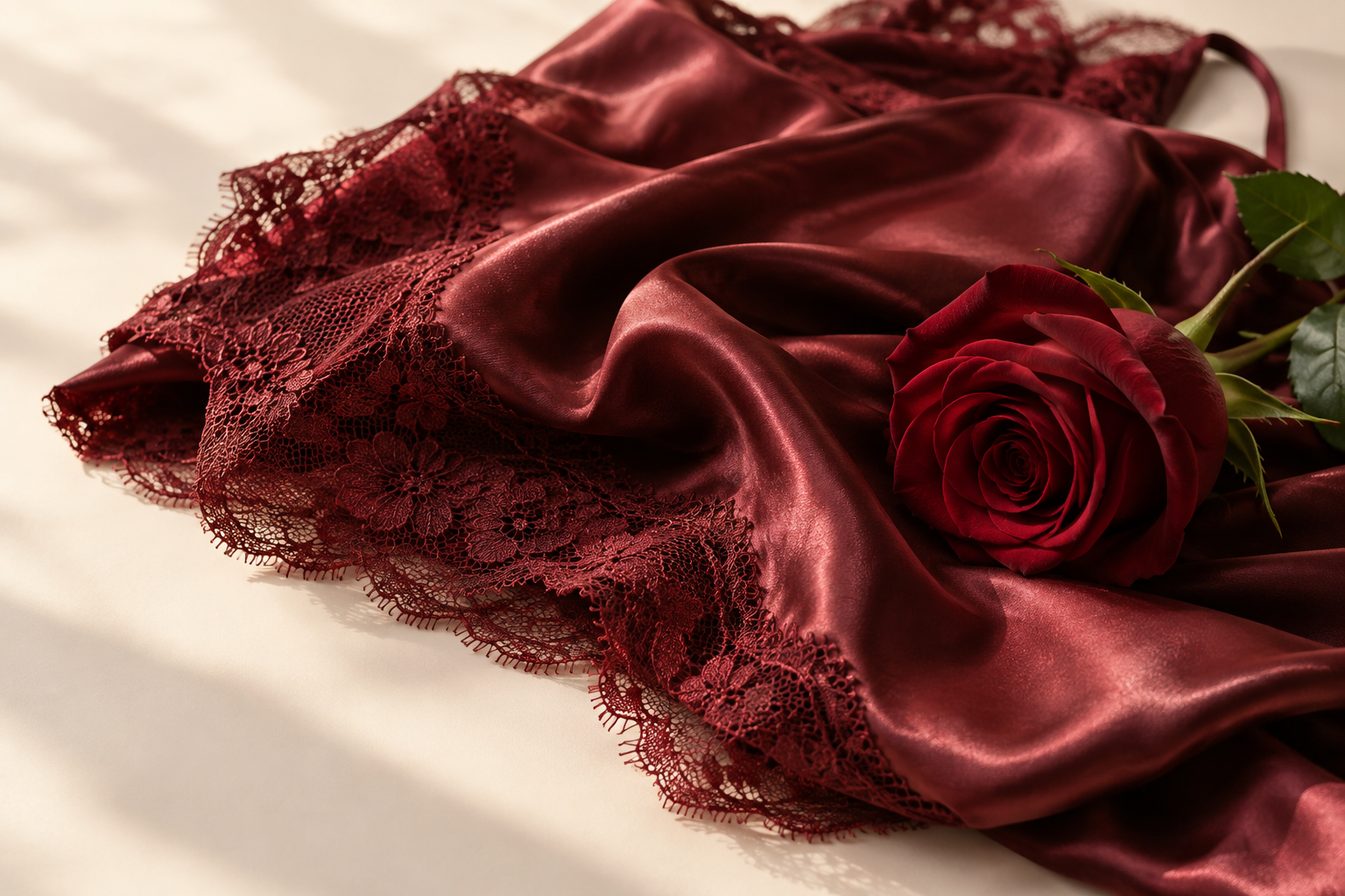 Tecido bordô, renda e uma rosa em uma composição editorial